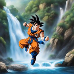 goku trains vigorously under the cascading waterfalls of a remote mountain. 