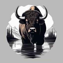 Bison in a water reflection tattoo. Tranquil wilderness.  minimal color tattoo design