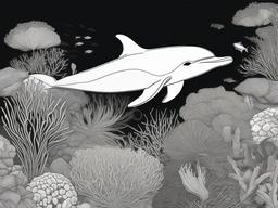 drawing of a dolphin in a coral reef  minimal rough sketch scribbles,doodles,black and white