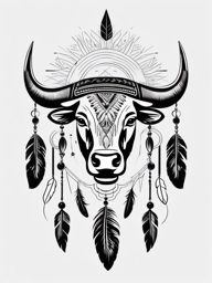 Bull with feathers tattoo. Native American symbolism in art.  minimalist black white tattoo style