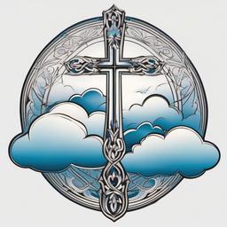 Cross and Clouds Tattoo-Symbolic and meaningful tattoo featuring a cross and clouds, capturing themes of faith and spirituality.  simple color tattoo,white background