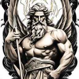 God Zeus Tattoo - A majestic tattoo depicting the powerful Greek god Zeus, often portrayed with a lightning bolt in hand.  simple color tattoo design,white background