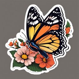 Butterfly on a Flower Sticker - Butterfly perched on a blooming flower, ,vector color sticker art,minimal