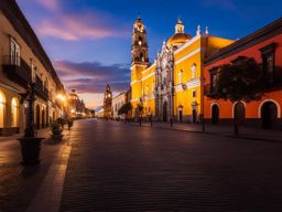 puebla's historic center - illustrate the historical night view of puebla's historic center, with its colonial architecture, vibrant facades, and illuminated cathedrals. 