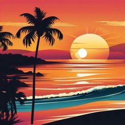 Surfboard and Ocean Sunset Clipart - A surfboard against the backdrop of an ocean sunset.  color vector clipart, minimal style