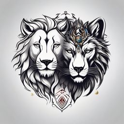 Lion and Wolf Tattoo,awe-inspiring alliance between the regal lion and the untamed wolf, symbol of strength and unity. , color tattoo design, white clean background