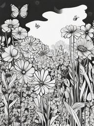 drawing of flower garden with butterfly  minimal rough scribbles,doodles,black and white