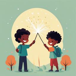 Celebration clipart - children holding sparklers in a backyard  color,minimalist,vector clipart