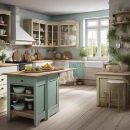 Shabby Chic Culinary Delight - Embrace shabby chic style with distressed furniture and pastels. , kitchen layout design ideas, multicoloured, photo realistic, hyper detail, high resolution,