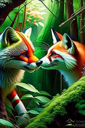 kitsune vs tanuki - japanese tricksters confront each other in a mythical bamboo grove, illusions and transformations at play. 