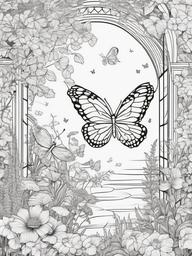 Butterfly in a Fairy Garden Coloring Pages - Enchanted Scene with Fairies and Butterflies  minimal black outline printable sheet, coloring page