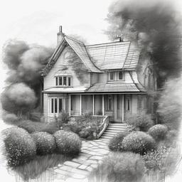 drawing of a house with a garden in pencil  minimal rough sketch scribbles,doodles,black and white