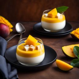 an individual serving of silky mango panna cotta, garnished with fresh mango cubes. 