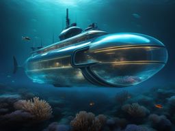 futuristic submarine, its transparent hull revealing the depths of the ocean and its bioluminescent creatures. 