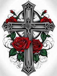 Cross and rose tattoo, Expressing spirituality and love with cross and rose-themed tattoos. , color tattoo design, clean white background