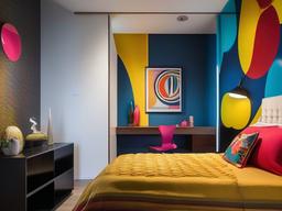 In the guest bedroom, Pop Art interior design offers a cozy atmosphere with vibrant colors, playful decor, and unique furnishings that ensure a memorable stay for visitors.  