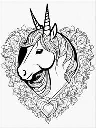 Unicorn with Heart Coloring Pages - Lovable Unicorn Surrounded by Hearts  minimal black outline printable sheet, coloring page