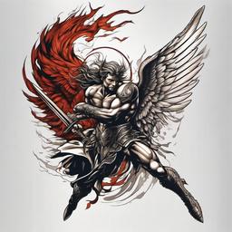 Angel Slaying Demon Tattoo-Artistic and intense tattoo design depicting an angel slaying a demon, capturing themes of celestial warfare.  simple color tattoo,white background