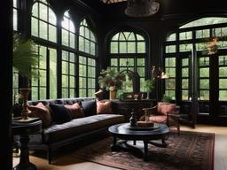 A sunroom with Gothic interior design highlights tall windows, dark furnishings, and rich textiles, creating a unique space to relax while surrounded by nature and history.  