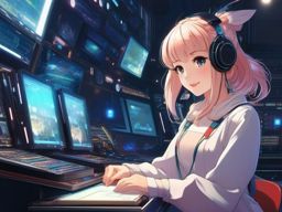 A cheerful anime girl navigates a high-tech academy, showcasing her extraordinary talent for blending traditional art with futuristic technology.  retro style, anime art