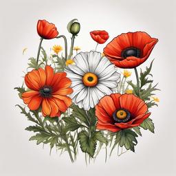 Daisy and Poppy Tattoo-Combination of the elegance of daisies with the boldness of poppies in a tattoo, expressing beauty and remembrance.  simple vector color tattoo