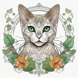 Tonkinese cat with green eyes and geometric patterns on head, monarch butterfly on ear and leaves coming up from bottom. Crescent moon with vines and mushrooms coming out of it.   ,tattoo design, white background