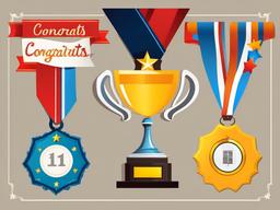 Congrats clipart - trophy and medal with congratulations sign  color,minimalist,vector clipart