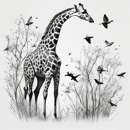 drawing of a giraffe with birds  minimal rough sketch scribbles,doodles,black and white