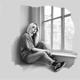 drawing of Billie Eilish sitting by a window  minimal rough sketch scribbles,doodles,black and white