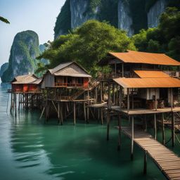 vietnamese stilt houses, with elevated platforms, line the shores of ha long bay, vietnam. 