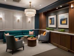 In the office break room, traditional interior design includes comfortable seating, classic decor, and a warm ambiance that encourages relaxation and socialization among employees.  