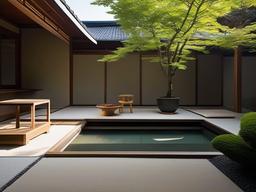 Japanese patio showcases clean lines, natural materials, and a minimalist approach that promotes a serene and harmonious outdoor environment.  