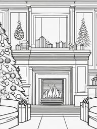 Christmas Fireplace Coloring Pages - Cozy Scene with Stockings Hung  minimal black outline printable sheet, coloring page