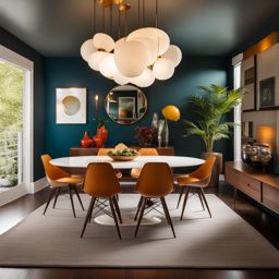 mid-century modern dining room with iconic furniture and retro lighting. 