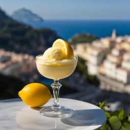 sorbetto al limone, italian lemon sorbet, relished on a sunny terrace overlooking the amalfi coast. 