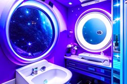 space explorer's bathroom with cosmic-inspired decor and zero-gravity fixtures. 