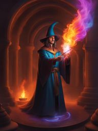 sorcerer's apprentice conjuring colorful flames in a hidden spell chamber. 