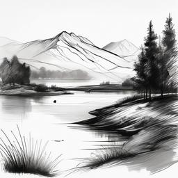 drawing of a landscape with a lake  minimal rough sketch scribbles,doodles,black and white