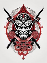 Elegantly designed samurai tattoo surrounded by traditional symbols.  color tattoo,minimalist,white background