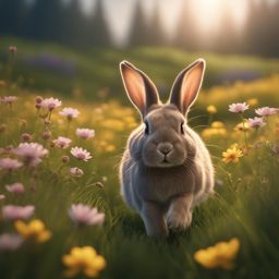 bunny hopping through a blooming meadow 8k ultrarealistic cinematic 