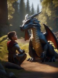 Young dragon forms unlikely friendship with brave knight. unreal engine 4,hyperrealistic,style by Albert Bierstadt