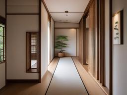 The hallway showcases Japanese Zen interior design through clean lines, natural textures, and minimal decor, creating a calming passage that reflects simplicity and peace.  