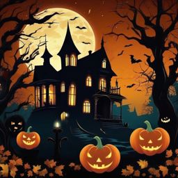 Halloween Night Wallpaper Spooky Ambiance with Haunted Scenes and Moonlit Nights wallpaper splash art, vibrant colors, intricate patterns