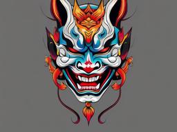 Hannya Mask Colored Tattoo - A vibrant and expressive Hannya mask tattoo featuring a colorful palette.  simple color tattoo,white background,minimal