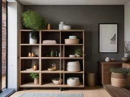 The storage room showcases Wabi Sabi interior design with practical shelving, simple decor, and an organized layout that maximizes efficiency while adding character to the space.  