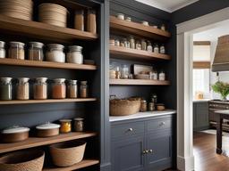 The pantry showcases American Colonial interior design with wooden shelving, vintage canisters, and charming accents that make food storage both practical and visually appealing.  