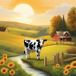 cow clipart in a picturesque countryside - showcasing charming spots. 