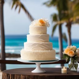 wedding coconut cake by the seaside: imagine a coconut-flavored wedding cake adorned with coconut shavings, placed on a seaside terrace with ocean waves in the background. 