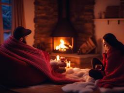 Valentines Day background - Couple sharing a cozy blanket by a fireside on a snowy evening  aesthetic background wallpaper