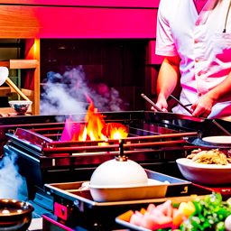 teppanyaki grill experience, watching a skilled chef prepare teppanyaki dishes on a sizzling grill. 